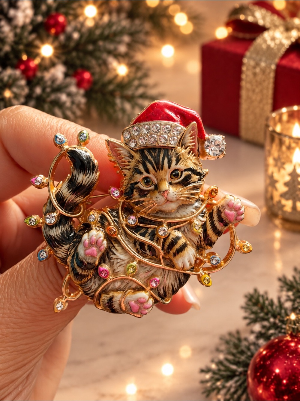Holiday Kitten Crystal Brooch Pin